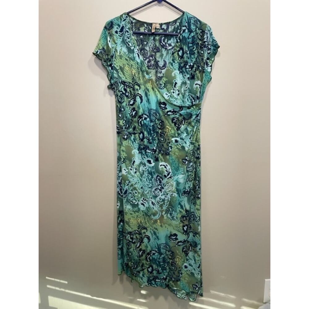 Green Navy Floral Wrap Neckline Asymetrical Dress Women's Sz L